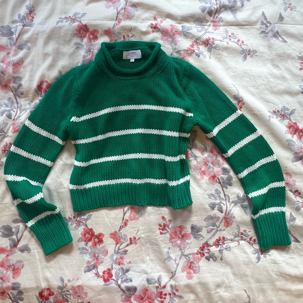 La Ligne Green and White Striped Turtleneck Sweater